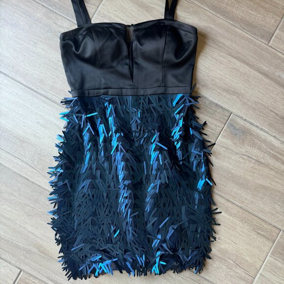 NWT - Guess Black Satin & Blue Sequin Fringe Mesh Bodycon Dress Size 6 - Picture 1 of 5